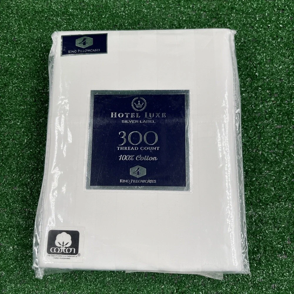 Hotel Luxe Silver Label 300 Thread Ct Cotton White‎ King Pillowcase Set of 4 NWT